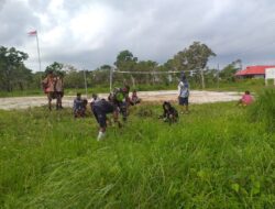 Babinsa Bersama Siswa SMP Giat Karbak Pembersian Lapangan Bola Voli